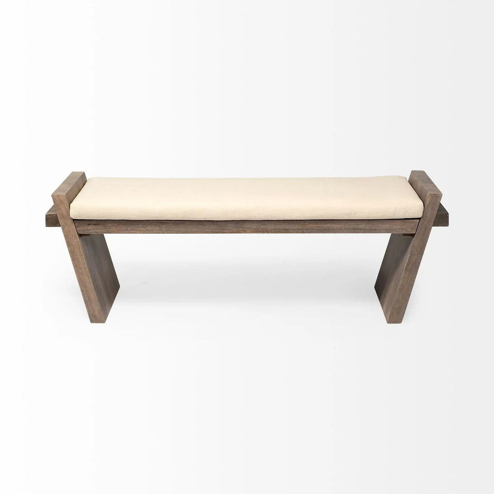 14" Cream and Brown Upholstered Linen Blend Bench - Homeroots