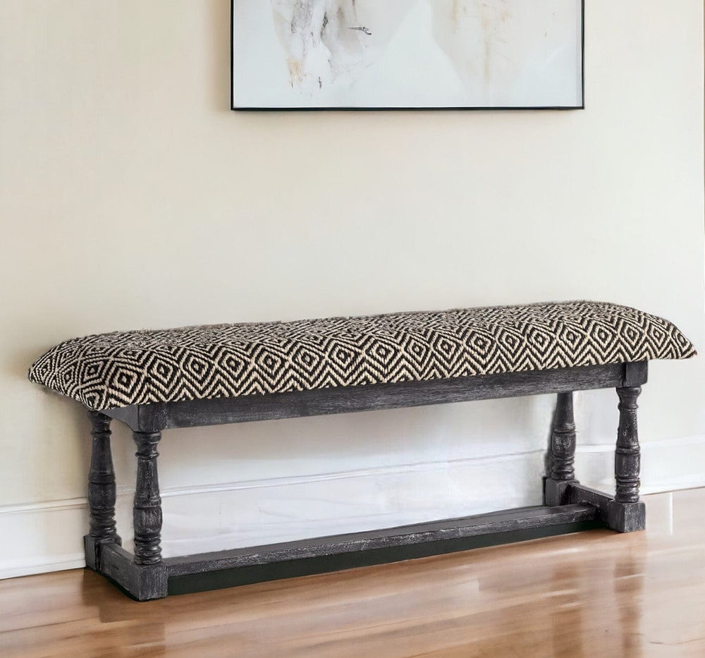 56" Black and White and Gray Upholstered Cotton Blend Trellis Bench - Homeroots