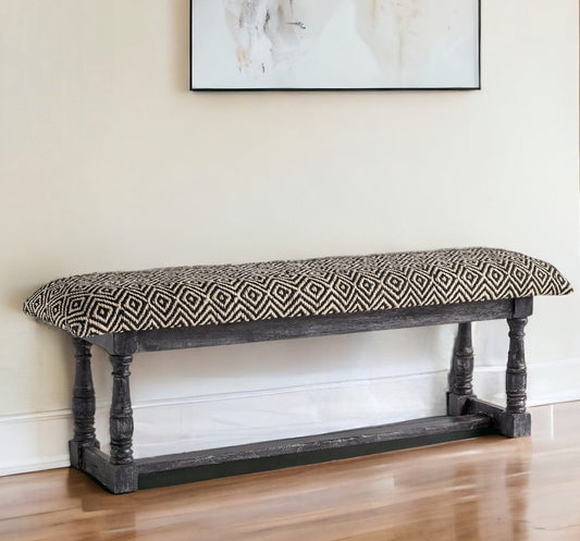 56" Black and White and Gray Upholstered Cotton Blend Trellis Bench - Homeroots