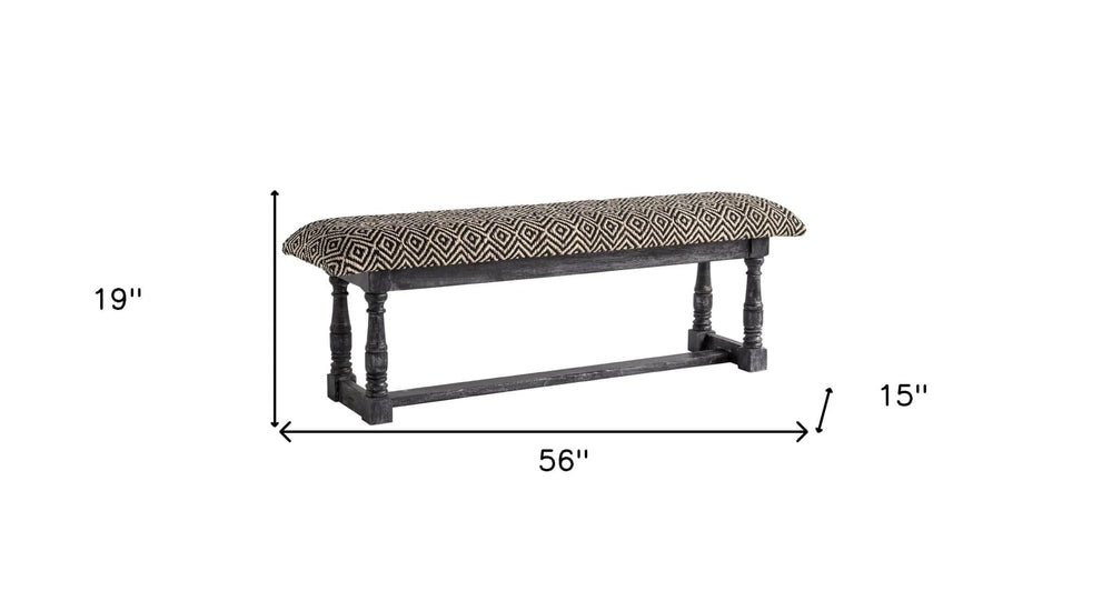 56" Black and White and Gray Upholstered Cotton Blend Trellis Bench - Homeroots