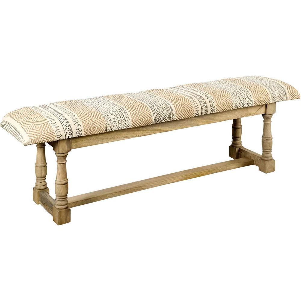 59" Beige Orange and Brown Geometric Upholstered Jute Accent Bench - Homeroots