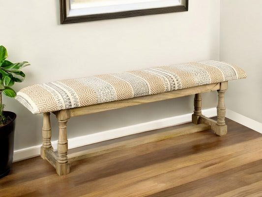 59" Beige Orange and Brown Geometric Upholstered Jute Accent Bench - Homeroots