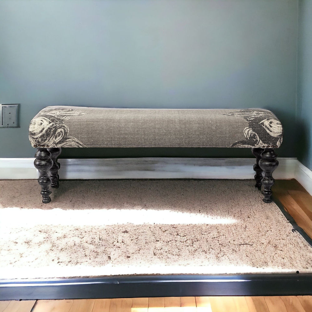 55" Gray and Black Upholstered Cotton Blend Floral Distressed Bench - Homeroots