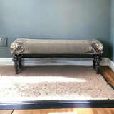 55" Gray and Black Upholstered Cotton Blend Floral Distressed Bench - Homeroots