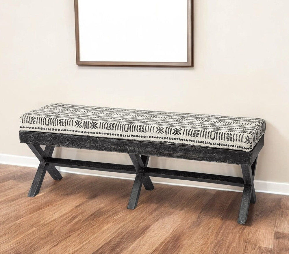 16" Gray and White and Black Upholstered Cotton Blend Bench - Homeroots