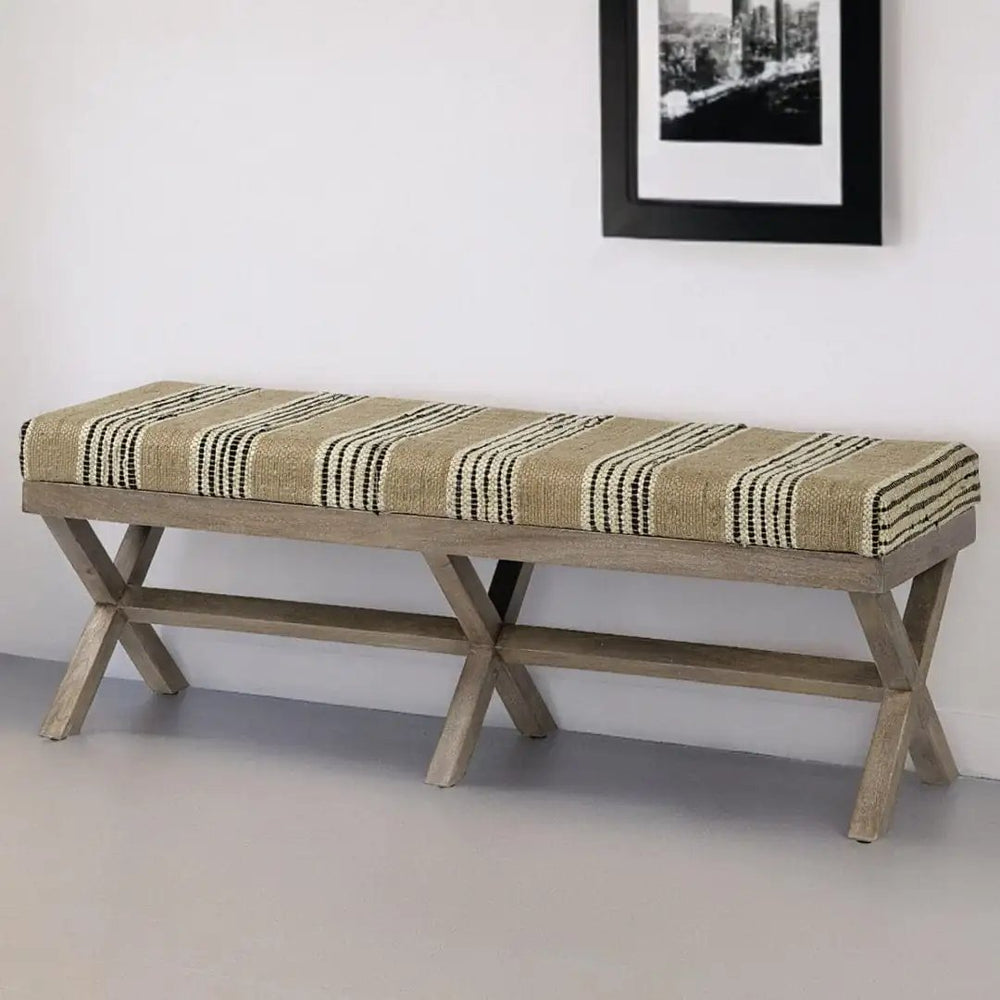 16" Beige And Brown Upholstered Cotton Blend Bench - Homeroots