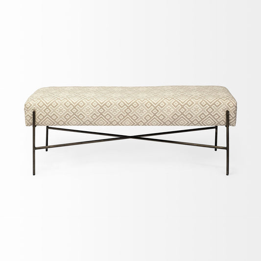 17" Cream and Black Upholstered Cotton Blend Geometric Bench - Homeroots