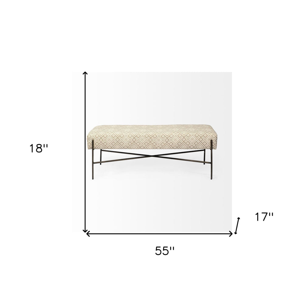 17" Cream and Black Upholstered Cotton Blend Geometric Bench - Homeroots
