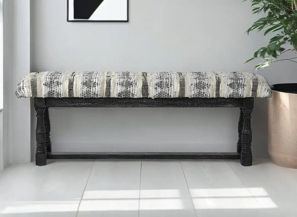15" Off White and Black Upholstered Faux Leather Bench - Homeroots - Flyclothing LLC