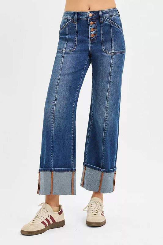 RISEN Full Size High Rise Crop Wide Straight Cuffed Jeans Plus Size - Trendsi - Flyclothing LLC