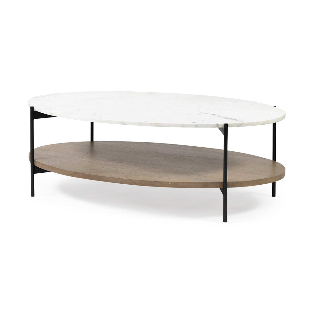 Oval White Marble Top And Black Metal Base Coffee Table W Wood Shelf - Homeroots - Flyclothing LLC