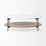 Oval White Marble Top And Black Metal Base Coffee Table W Wood Shelf - Homeroots - Flyclothing LLC