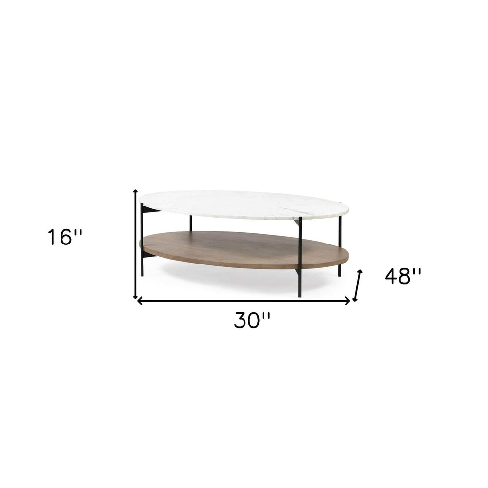 Oval White Marble Top And Black Metal Base Coffee Table W Wood Shelf - Homeroots - Flyclothing LLC