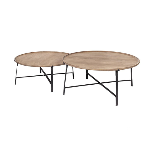 Set of Two 41" Brown And Black Solid Wood And Iron Round Nested Coffee Tables - Homeroots