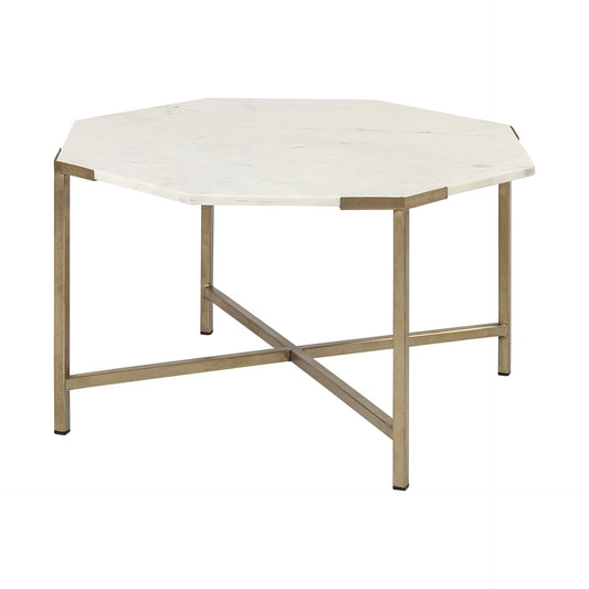 33" White And Gold Genuine Marble And Metal Octagon Coffee Table - Homeroots