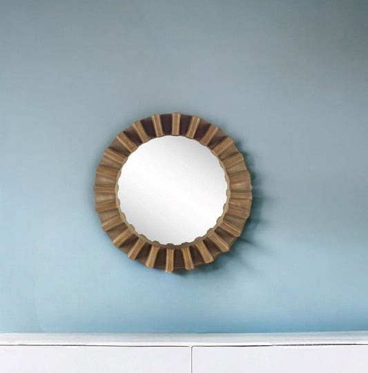 26" Round Brown Wood Frame Wall Mirror - Homeroots