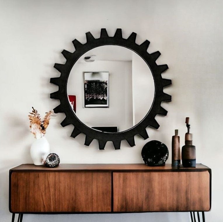 26" Black Cog Round Metal Frame Wall Mirror - Homeroots