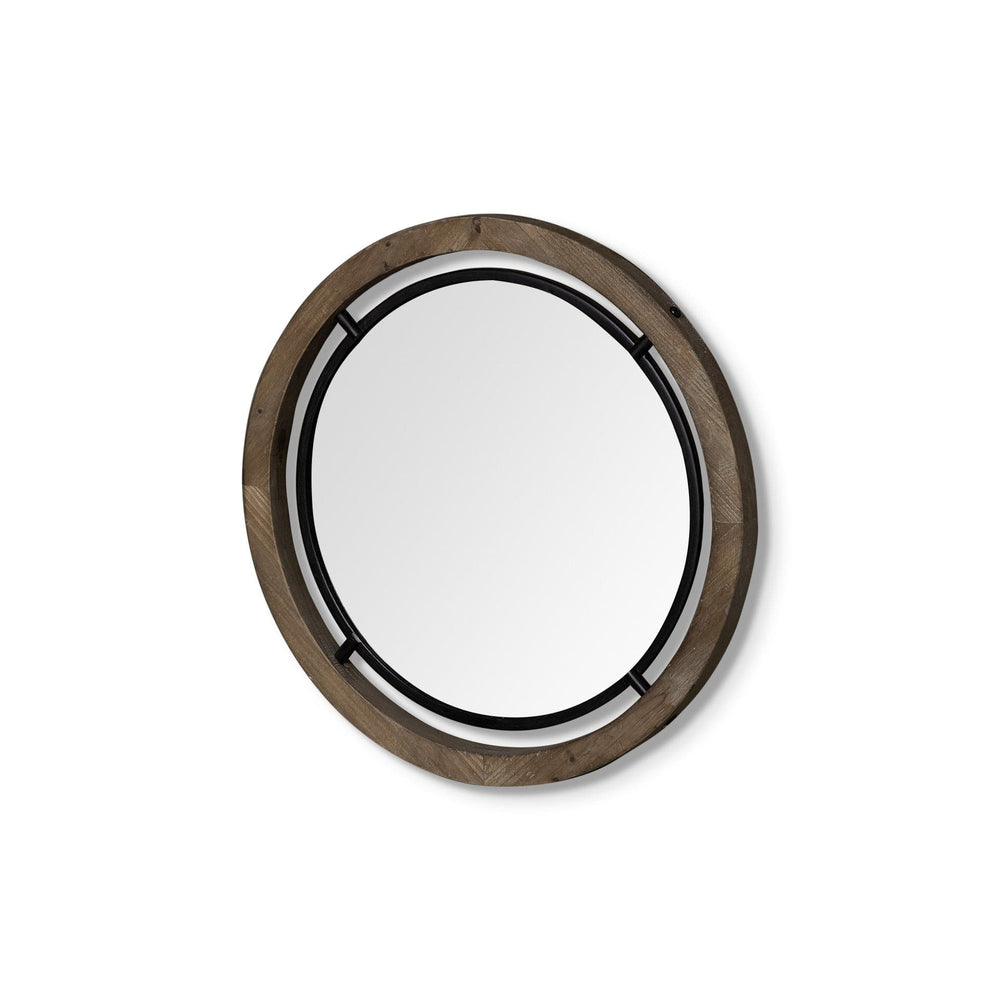 19" Brown Wood And Black Metal Frame Wall Mirror - Homeroots - Flyclothing LLC
