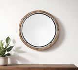 28" Brown Wood And Black Metal Round Framed Accent Mirror - Homeroots - Flyclothing LLC