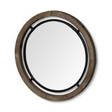 28" Brown Wood And Black Metal Round Framed Accent Mirror - Homeroots - Flyclothing LLC