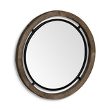 28" Brown Wood And Black Metal Round Framed Accent Mirror - Homeroots - Flyclothing LLC