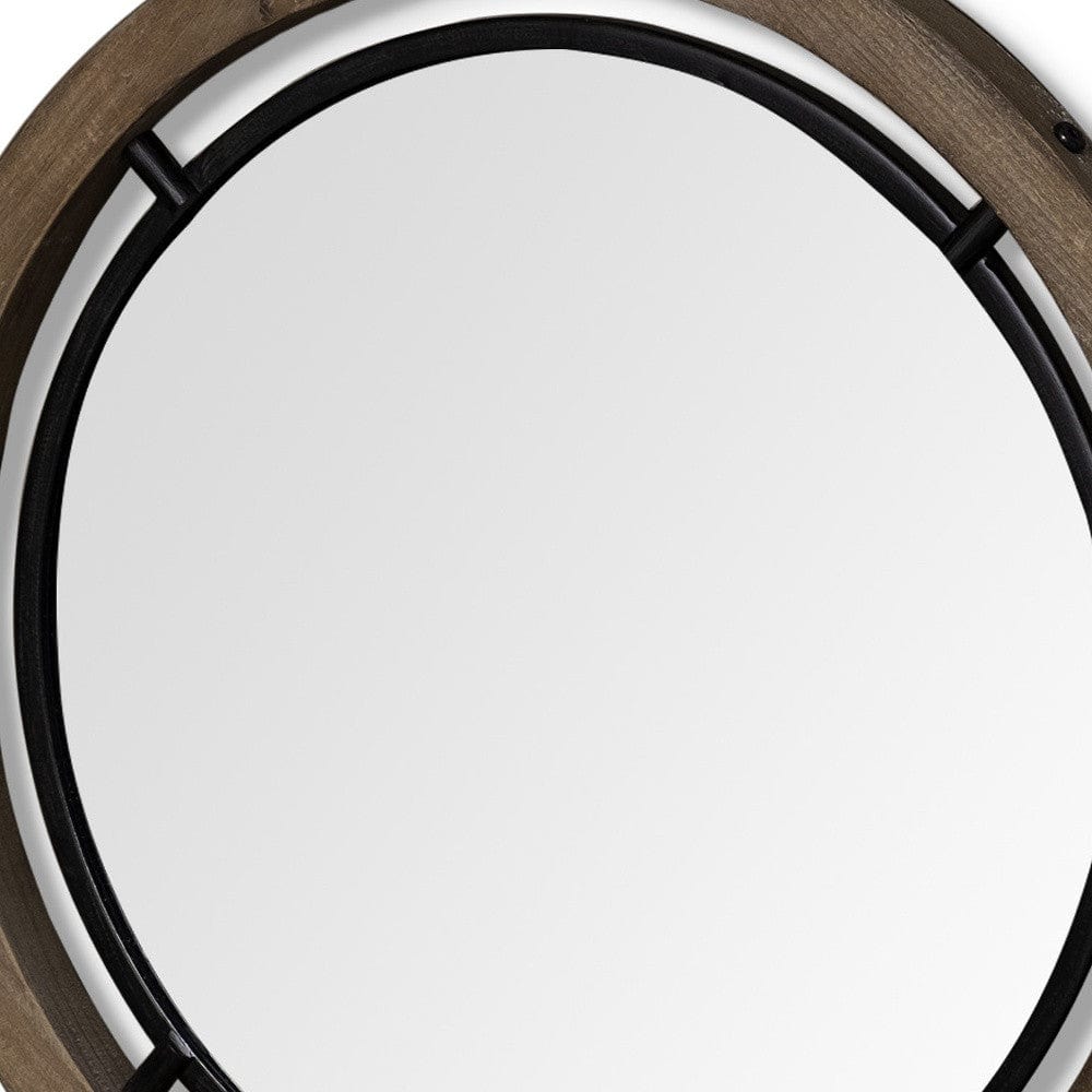 28" Brown Wood And Black Metal Round Framed Accent Mirror - Homeroots - Flyclothing LLC