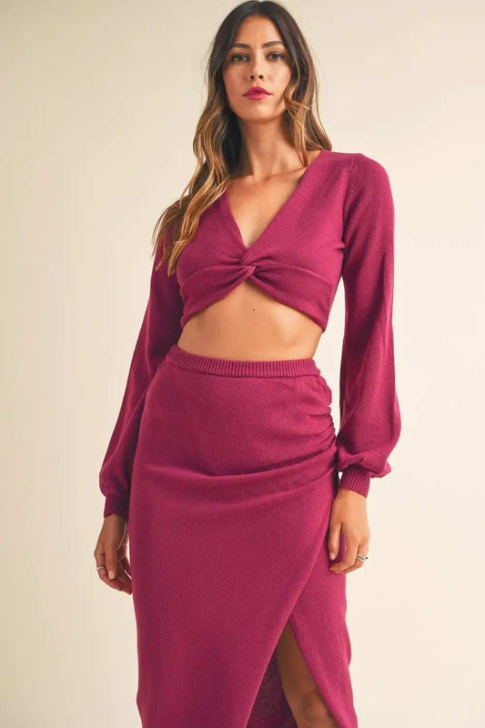 MABLE Front Twisted Knit Top and Midi Skirt Set - Trendsi - Flyclothing LLC