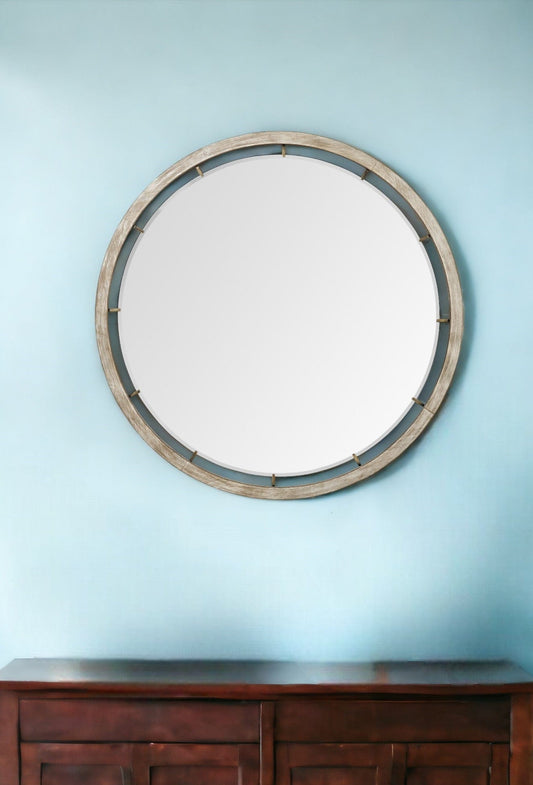 54" Brown Wood and Metal Round Framed Accent Mirror - Homeroots
