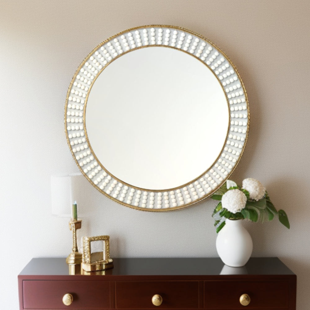 42" Round Gold Metal Frame Wall Mirror With White Wood Beads - Homeroots - Flyclothing LLC