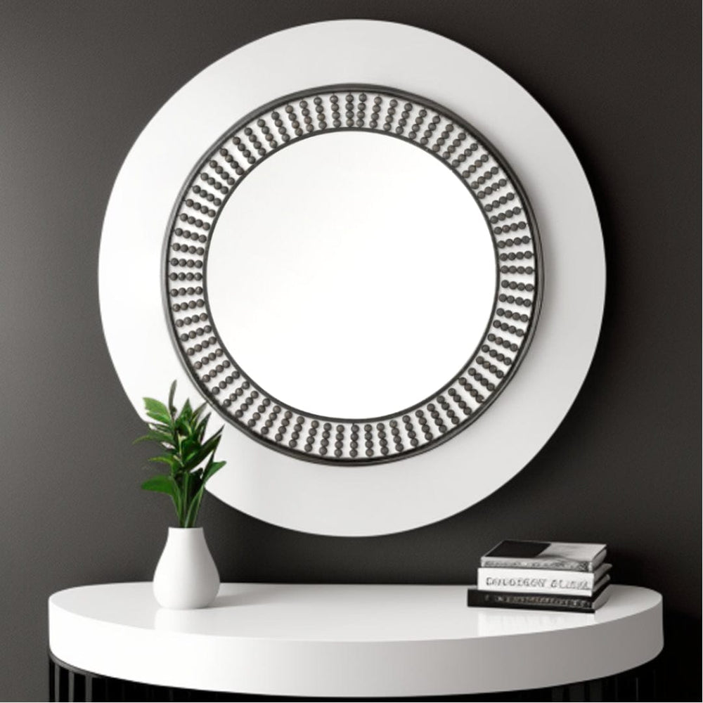 42" Round Black Metal Frame Wall Mirror With Wood Beads - Homeroots - Flyclothing LLC