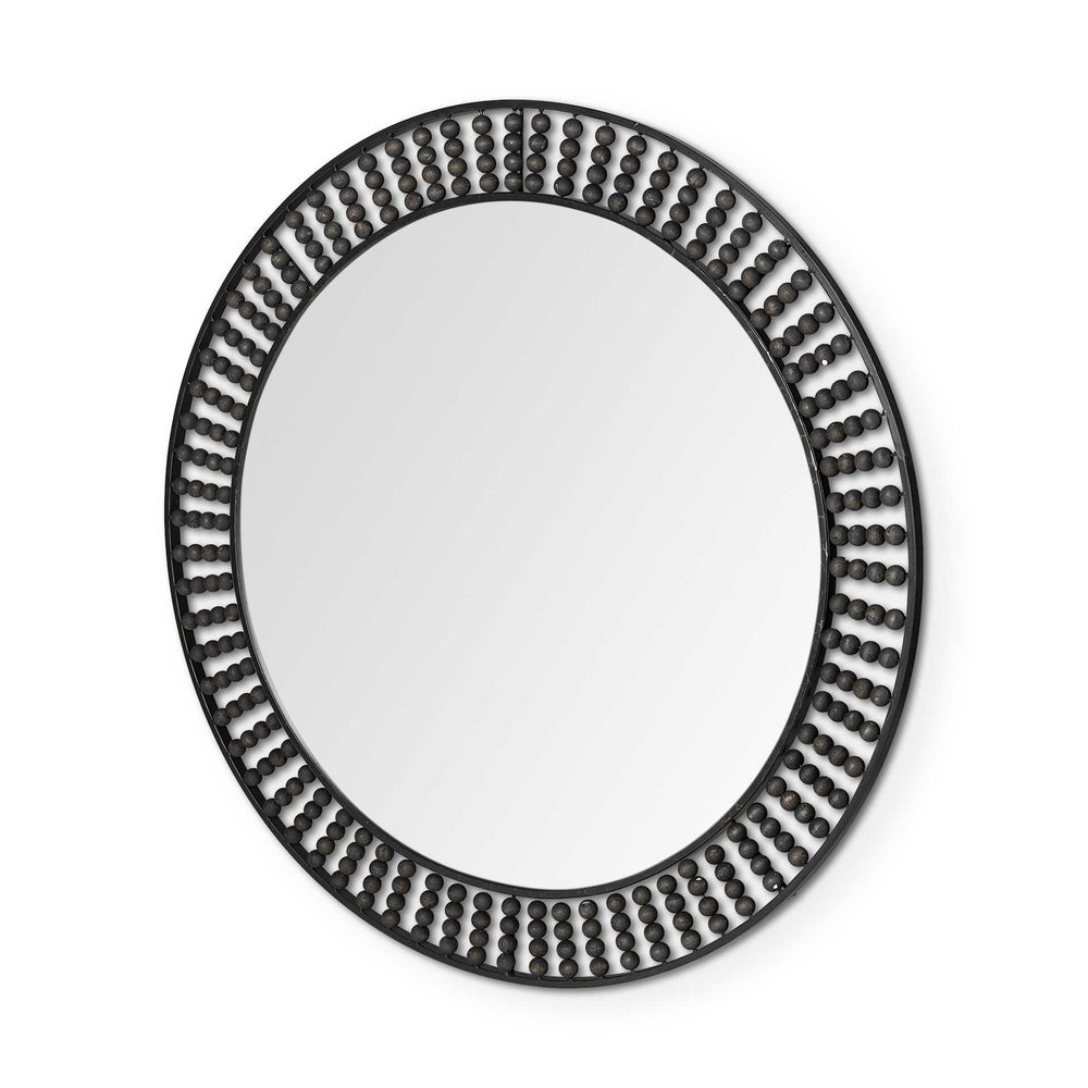 42" Round Black Metal Frame Wall Mirror With Wood Beads - Homeroots - Flyclothing LLC