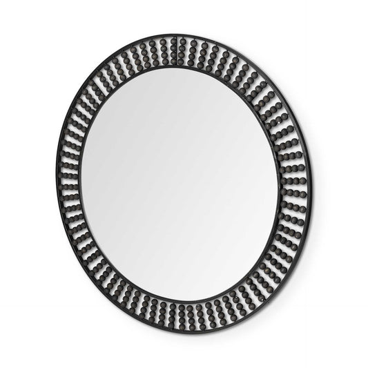 42" Round Black Metal Frame Wall Mirror With Wood Beads - Homeroots