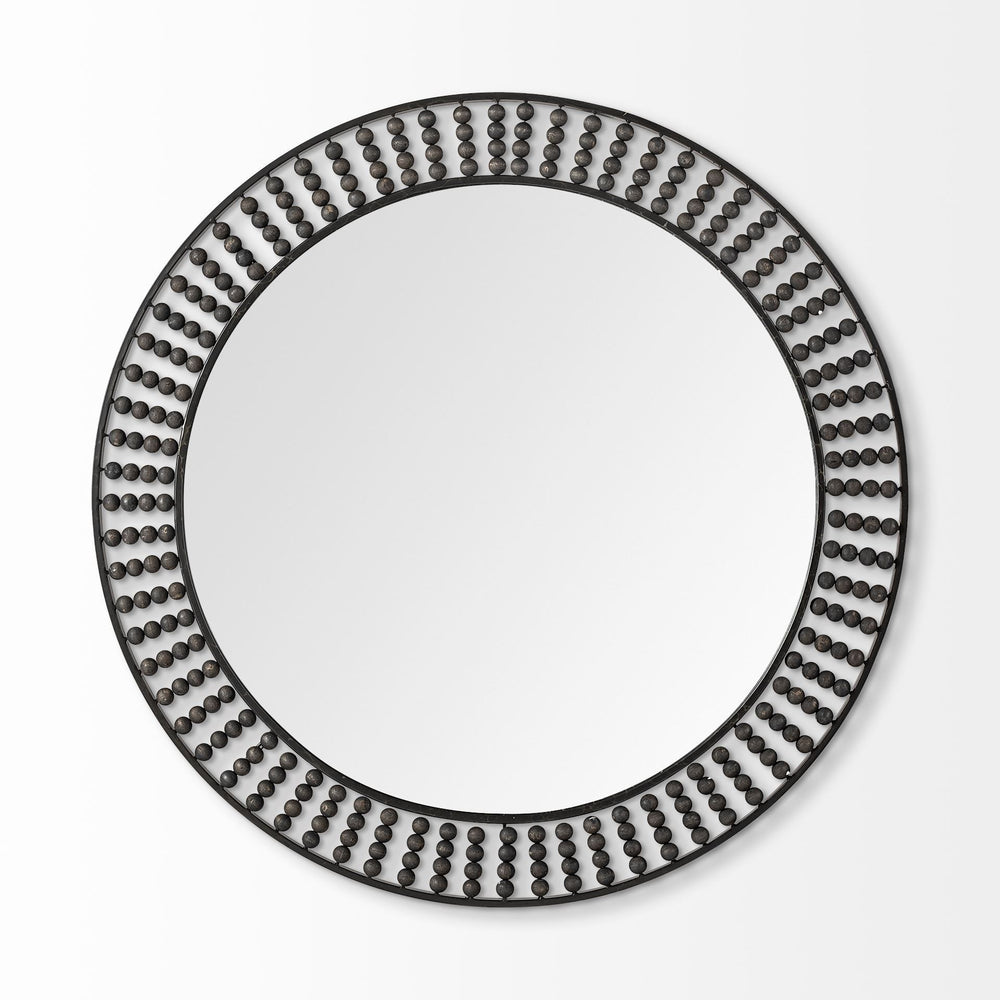 42" Round Black Metal Frame Wall Mirror With Wood Beads - Homeroots - Flyclothing LLC