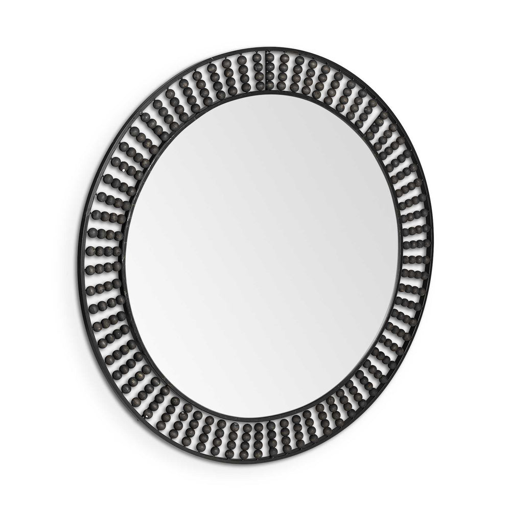 42" Round Black Metal Frame Wall Mirror With Wood Beads - Homeroots - Flyclothing LLC