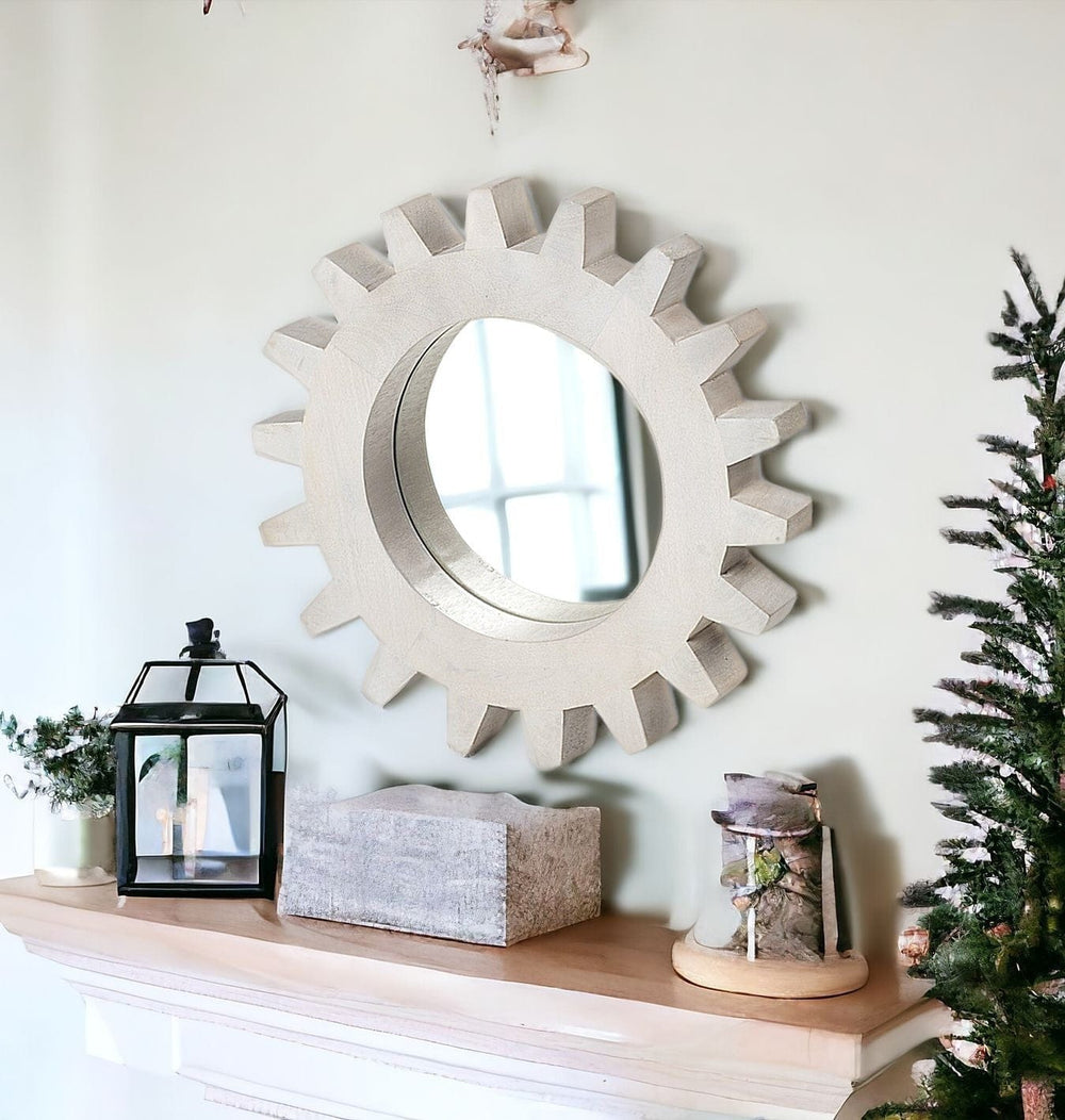Cog 17" Round White Wood Frame Wall Mirror - Homeroots - Flyclothing LLC