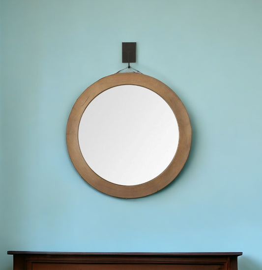 44" Wood Brown Round Framed Accent Mirror - Homeroots