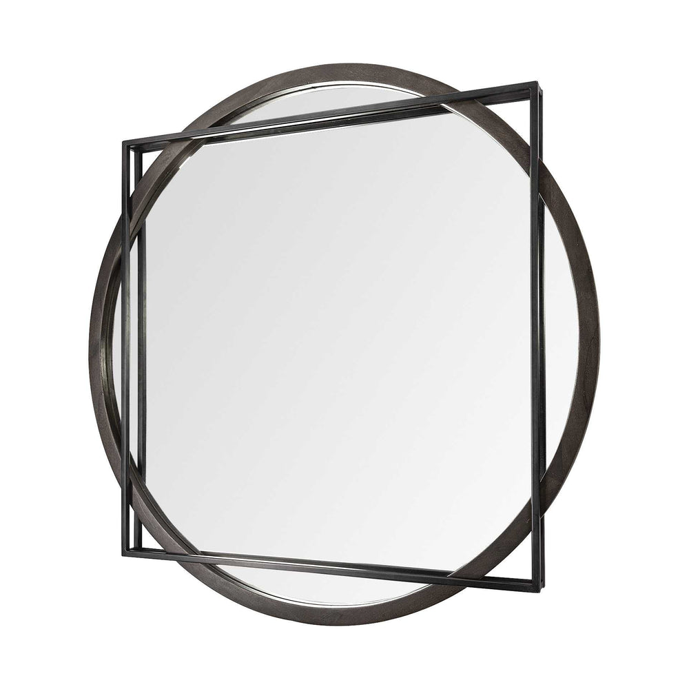 46" Round on Square Black Wood And Metal Frame Wall Mirror - Homeroots - Flyclothing LLC