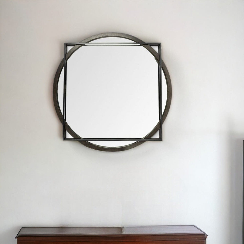 46" Round on Square Black Wood And Metal Frame Wall Mirror - Homeroots - Flyclothing LLC