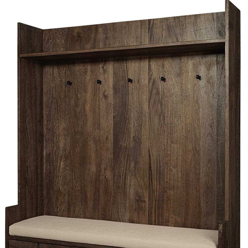 Brown Wood Cream Fabric Wrapped Seat Hall Tree With Storage - Homeroots - Flyclothing LLC