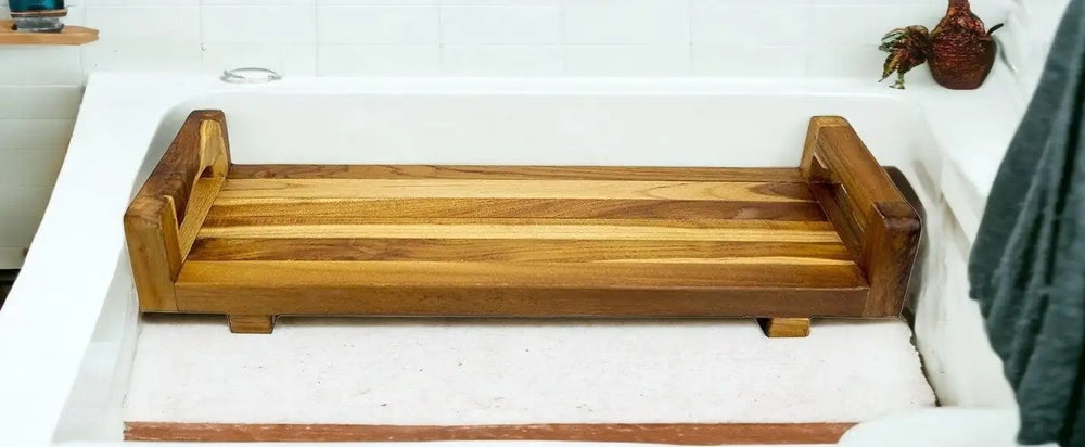 29"W Natural Teak Bath Tray and Seat with Handles - Homeroots - Flyclothing LLC