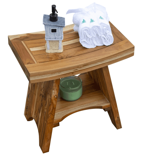 Compact Curvilinear Teak Shower Outdoor Bench With Shelf In Natural Finish - Homeroots - Flyclothing LLC