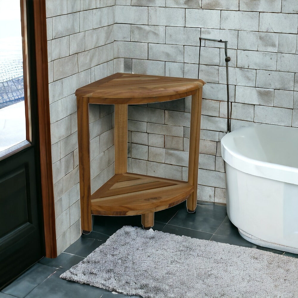18" X 17" Brown Teak Corner Shower Bench With Shelf - Homeroots - Flyclothing LLC