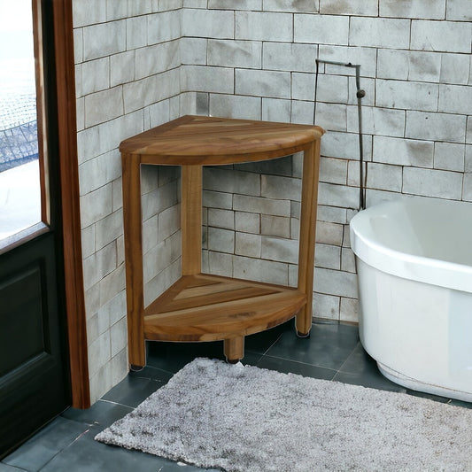 18" X 17" Brown Teak Corner Shower Bench With Shelf - Homeroots