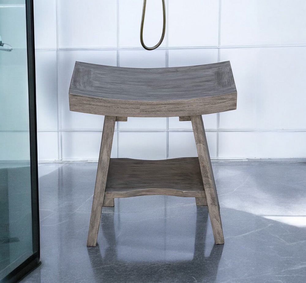 18" Gray Solid Wood Rectangular Shower Bench With Shelf - Homeroots