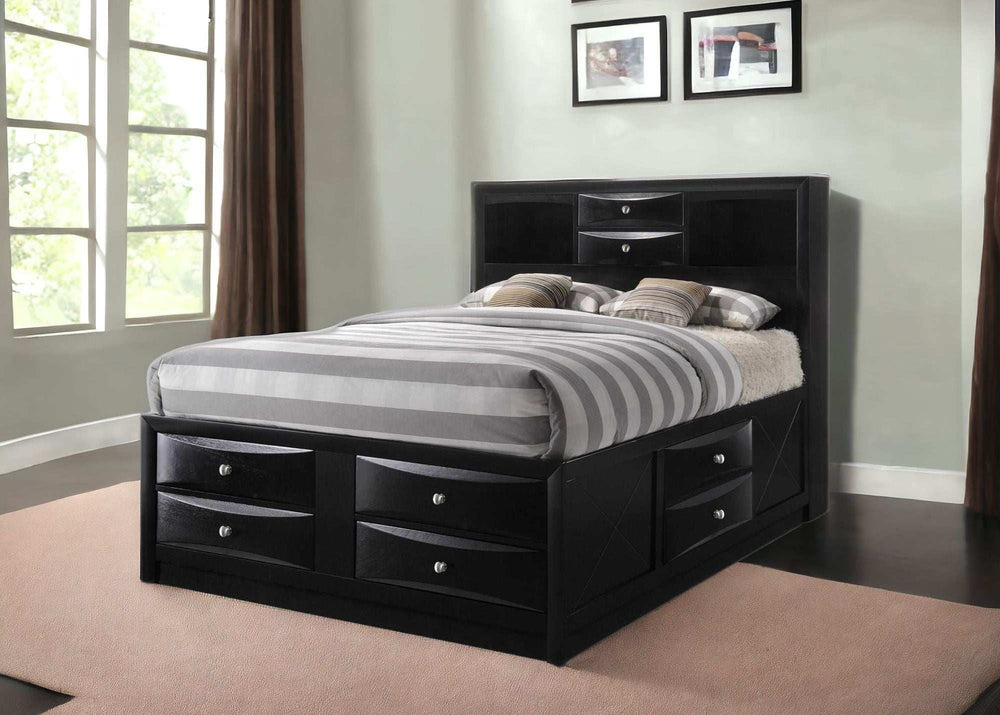 Black Multi-Drawer Queen Bed With Bookcase Headboard - Homeroots - Flyclothing LLC
