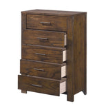 48" Oak Finish 5 Drawer Chest Dresser With Brass Metal Hardware - Homeroots - Flyclothing LLC