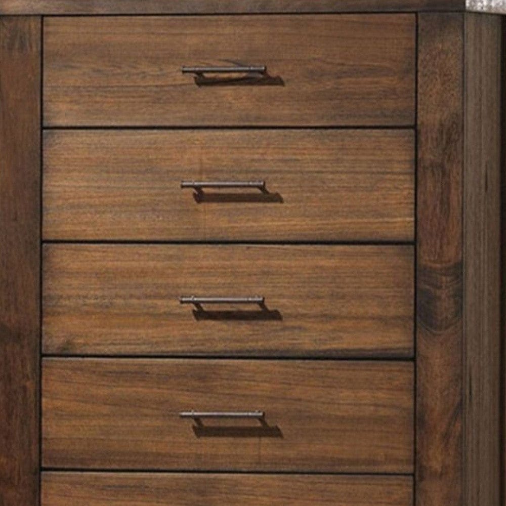 48" Oak Finish 5 Drawer Chest Dresser With Brass Metal Hardware - Homeroots - Flyclothing LLC