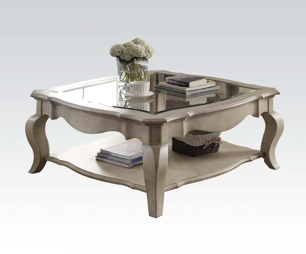 42" Clear And Taupe Glass And Solid Wood Square Coffee Table With Shelf - Homeroots - Flyclothing LLC