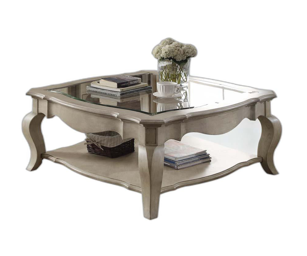 42" Clear And Taupe Glass And Solid Wood Square Coffee Table With Shelf - Homeroots - Flyclothing LLC