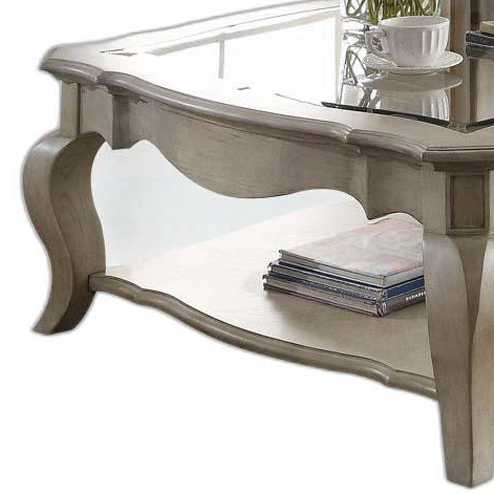 42" Clear And Taupe Glass And Solid Wood Square Coffee Table With Shelf - Homeroots - Flyclothing LLC